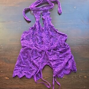 Ababoon Purple Sheer Lace Halter Open Front Babydoll Chemise Lingerie Large L